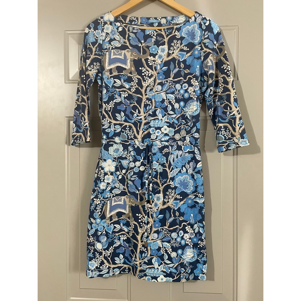 J.McLaughlin Dress Womens S Blue Floral Elephant Catalina Cloth Excellent 3/4 Sl